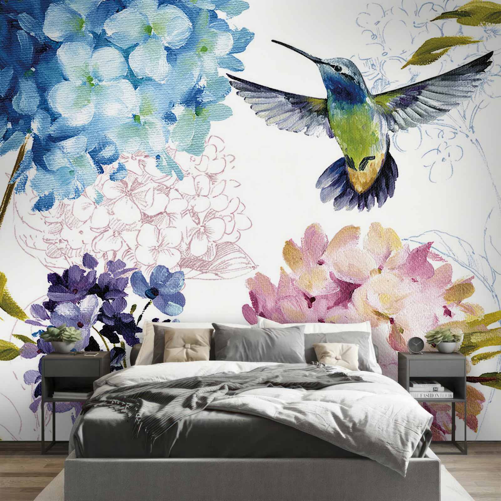Papier peint colibri représenté parmi les fleurs