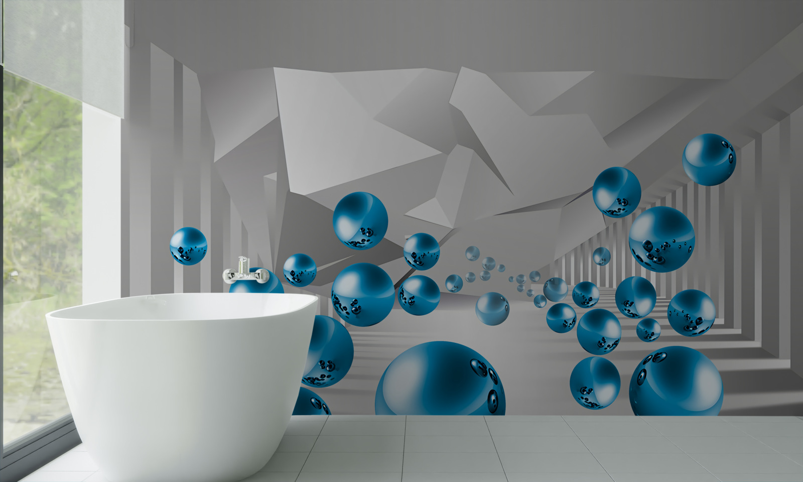 Papier peint boules bleues volumétriques dans le couloir
