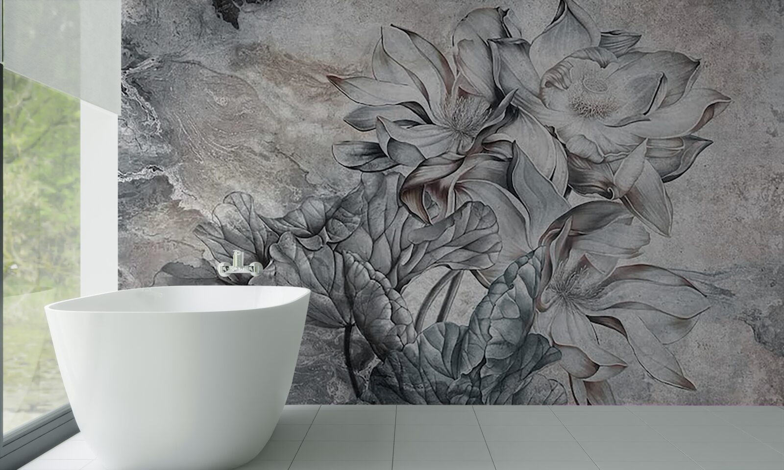 Papier peint grandes fleurs de forme inhabituelle, dessinées à la main