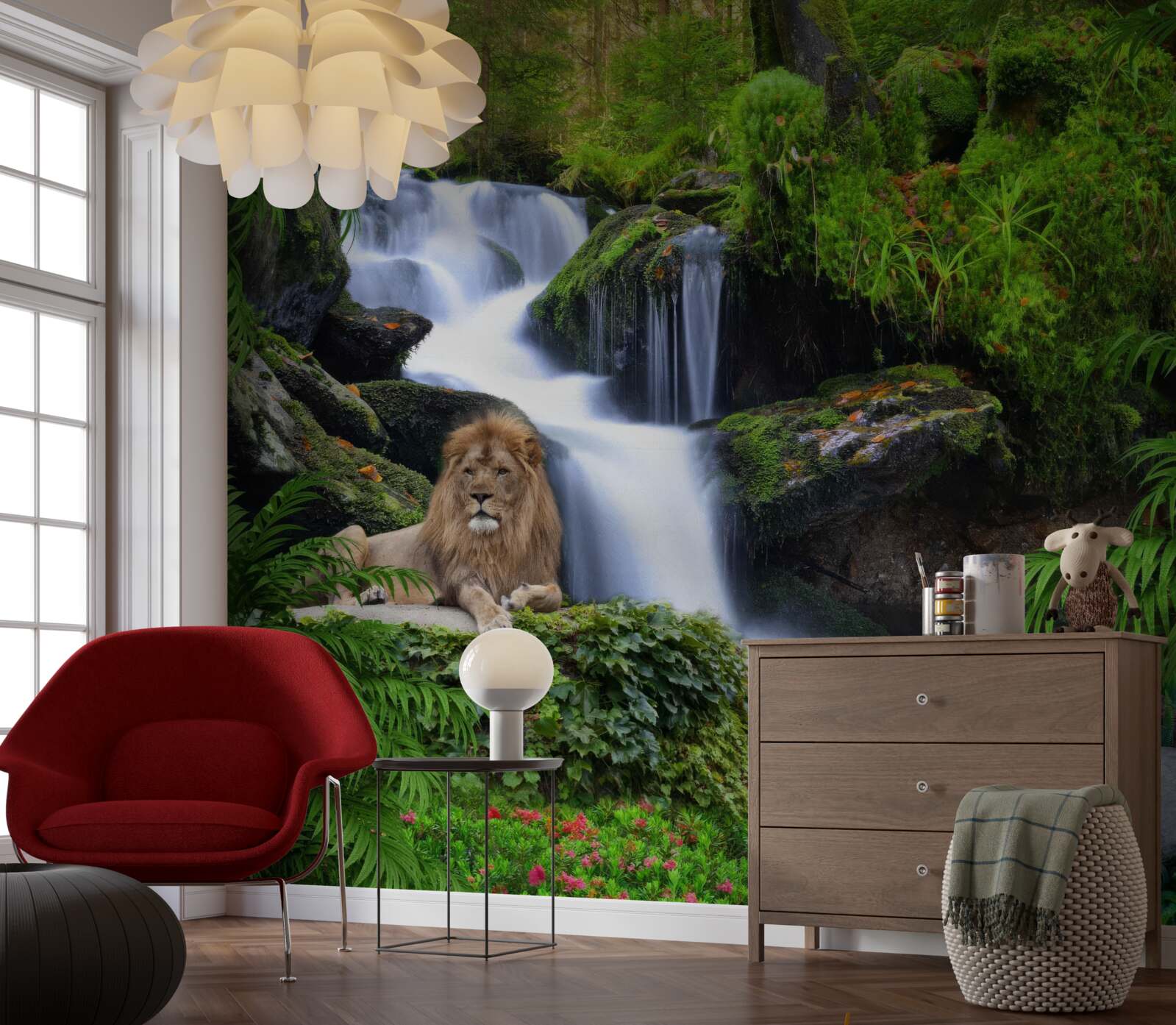 Papier peint il y a un lion à la cascade