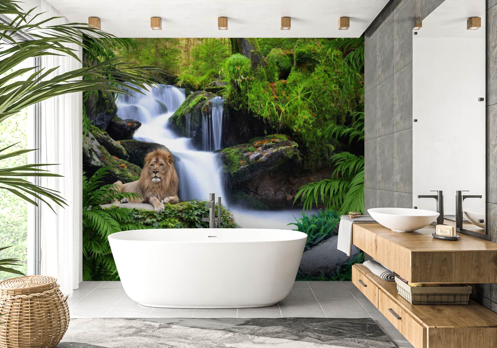Papier peint il y a un lion à la cascade