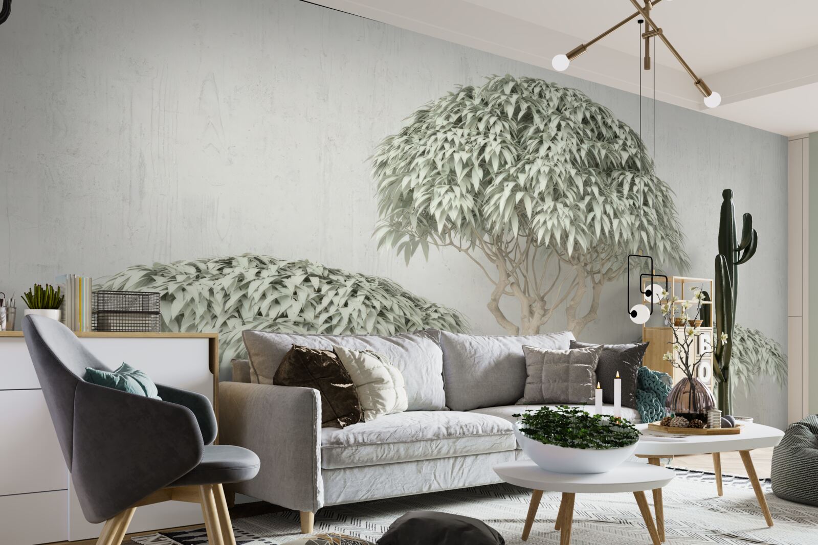 Papier peint arbre avec feuilles sur fond gris