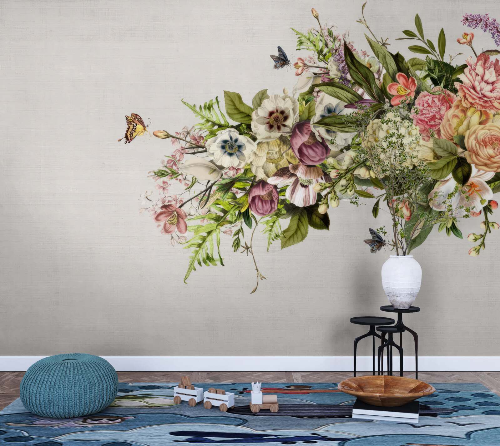 Papier peint les papillons volent sur de belles fleurs