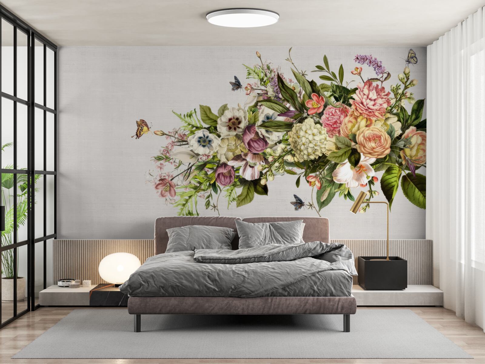 Papier peint les papillons volent sur de belles fleurs