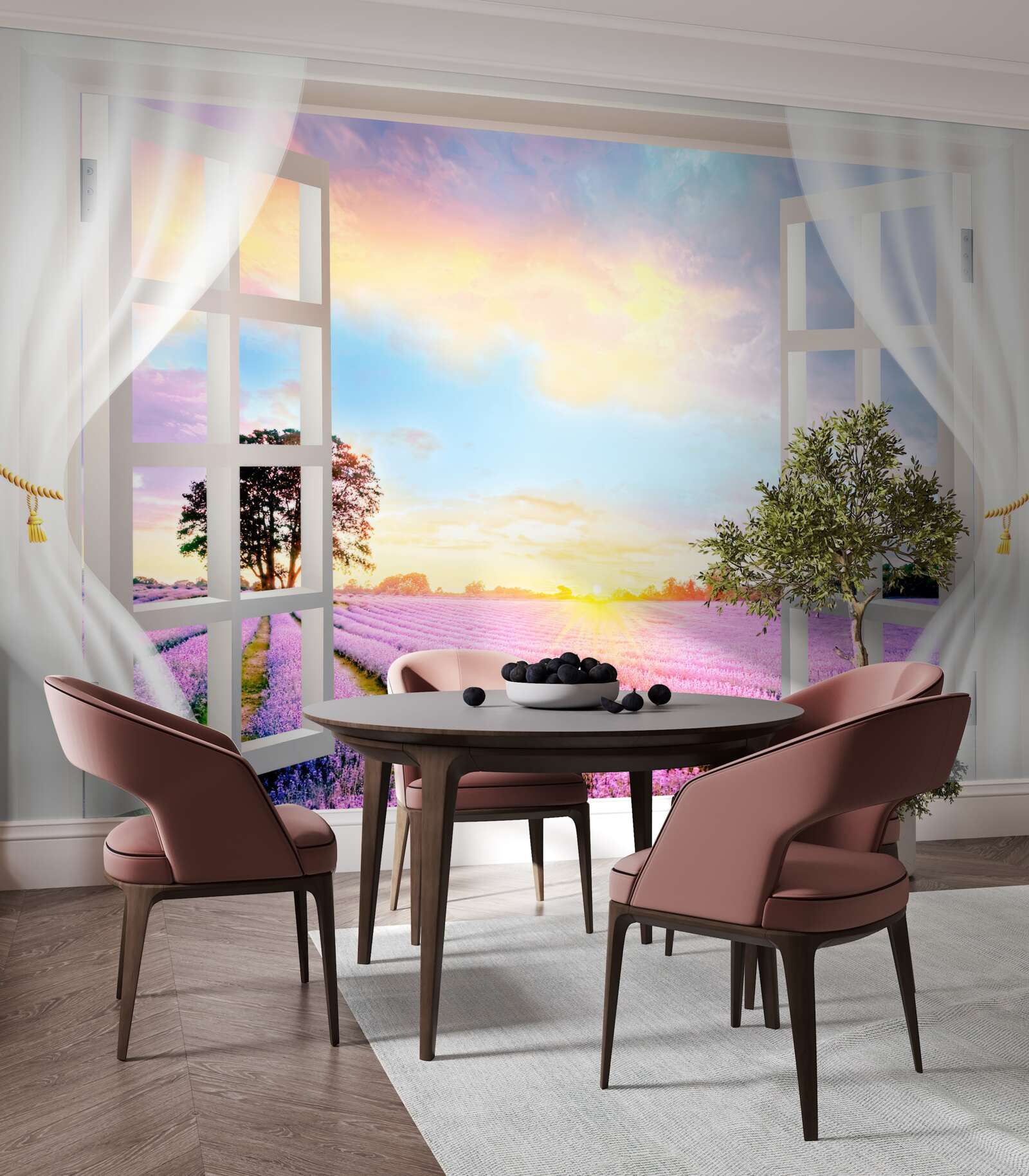 Papier peint Paysage à l'extérieur de la fenêtre avec des champs de lavande
