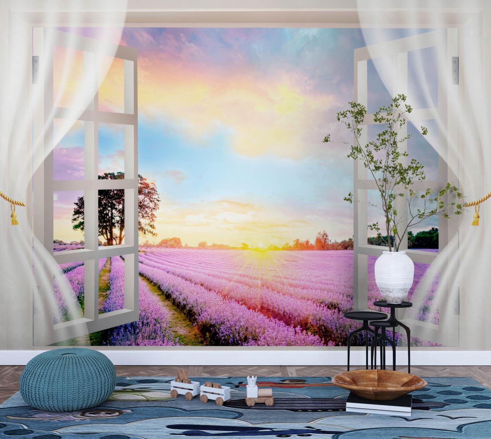 Papier peint Paysage à l'extérieur de la fenêtre avec des champs de lavande