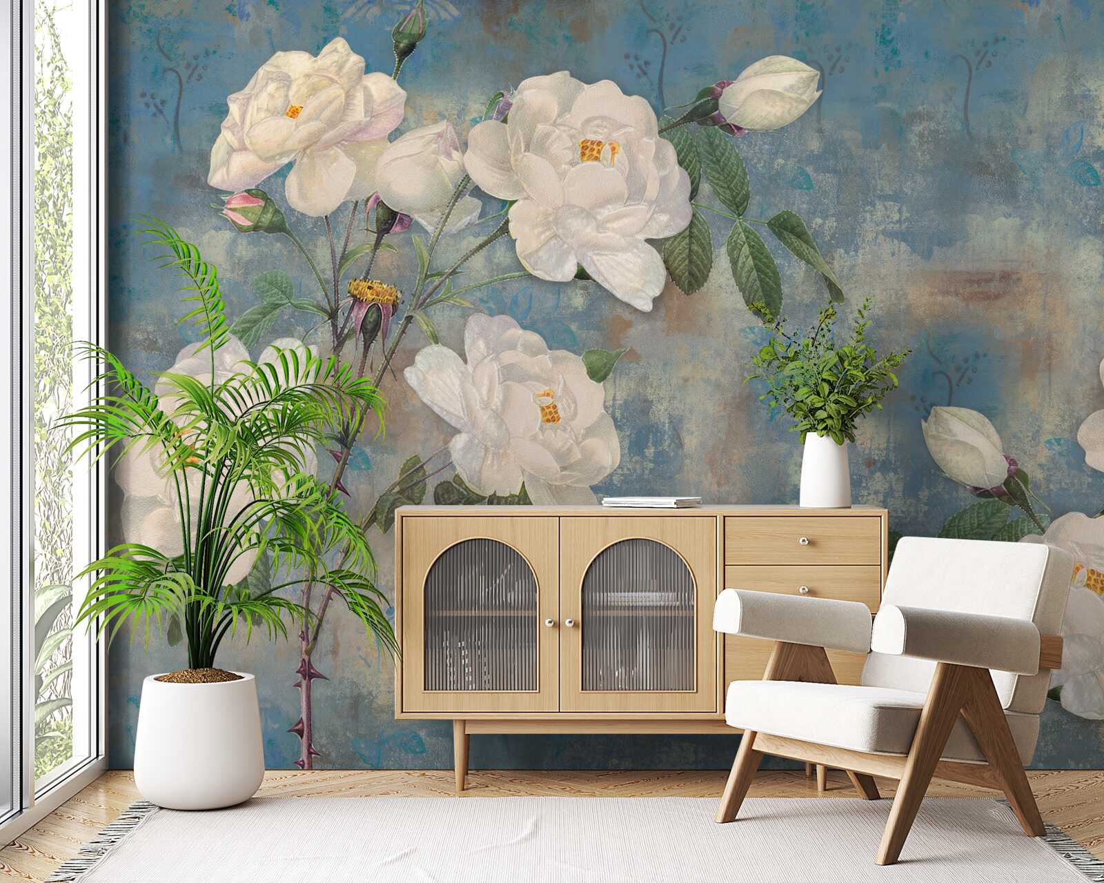 Papier peint roses blanches sur les branches