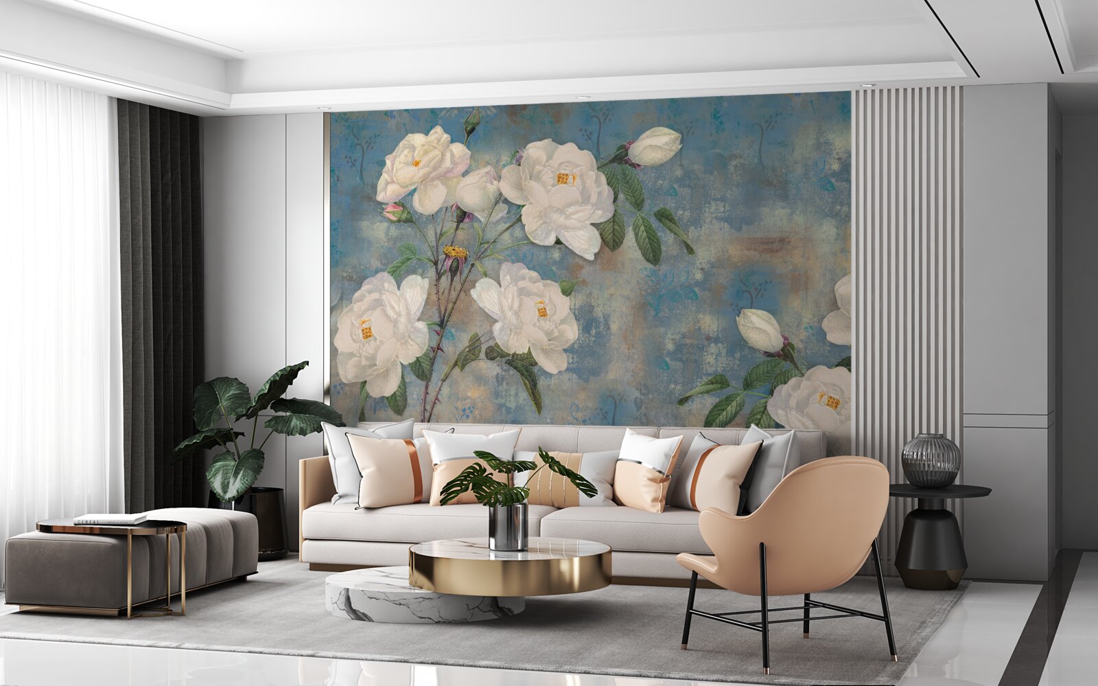 Papier peint roses blanches sur les branches