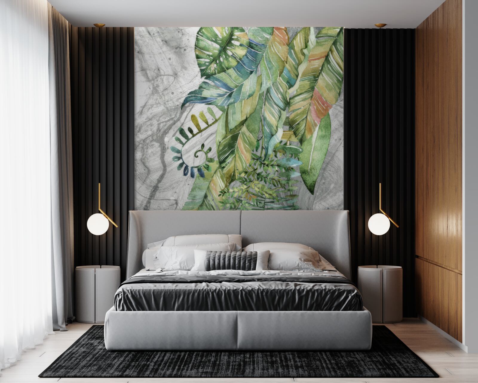 Papier peint feuilles de différents types sur fond gris