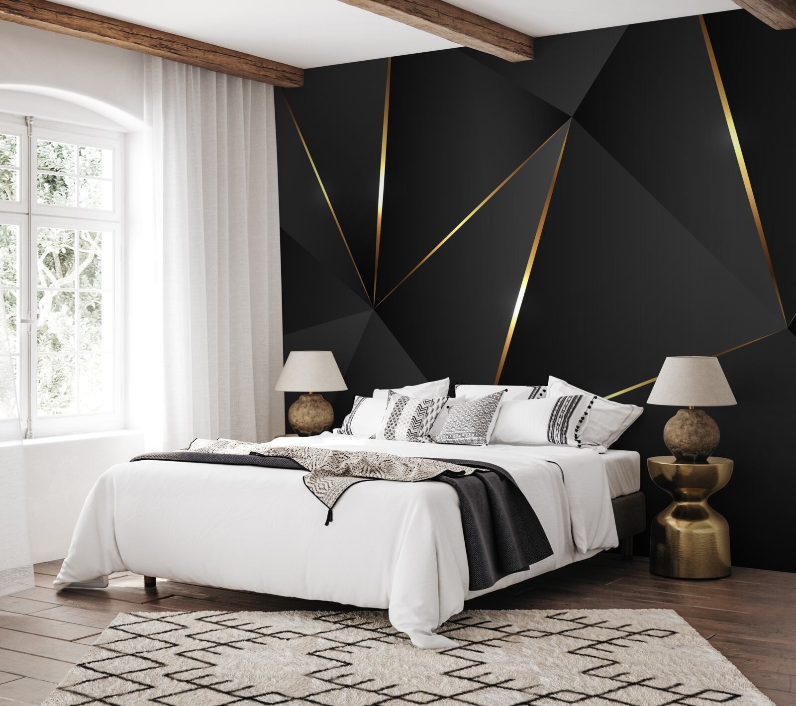 Papier peint figures tridimensionnelles dans les tons noir et or
