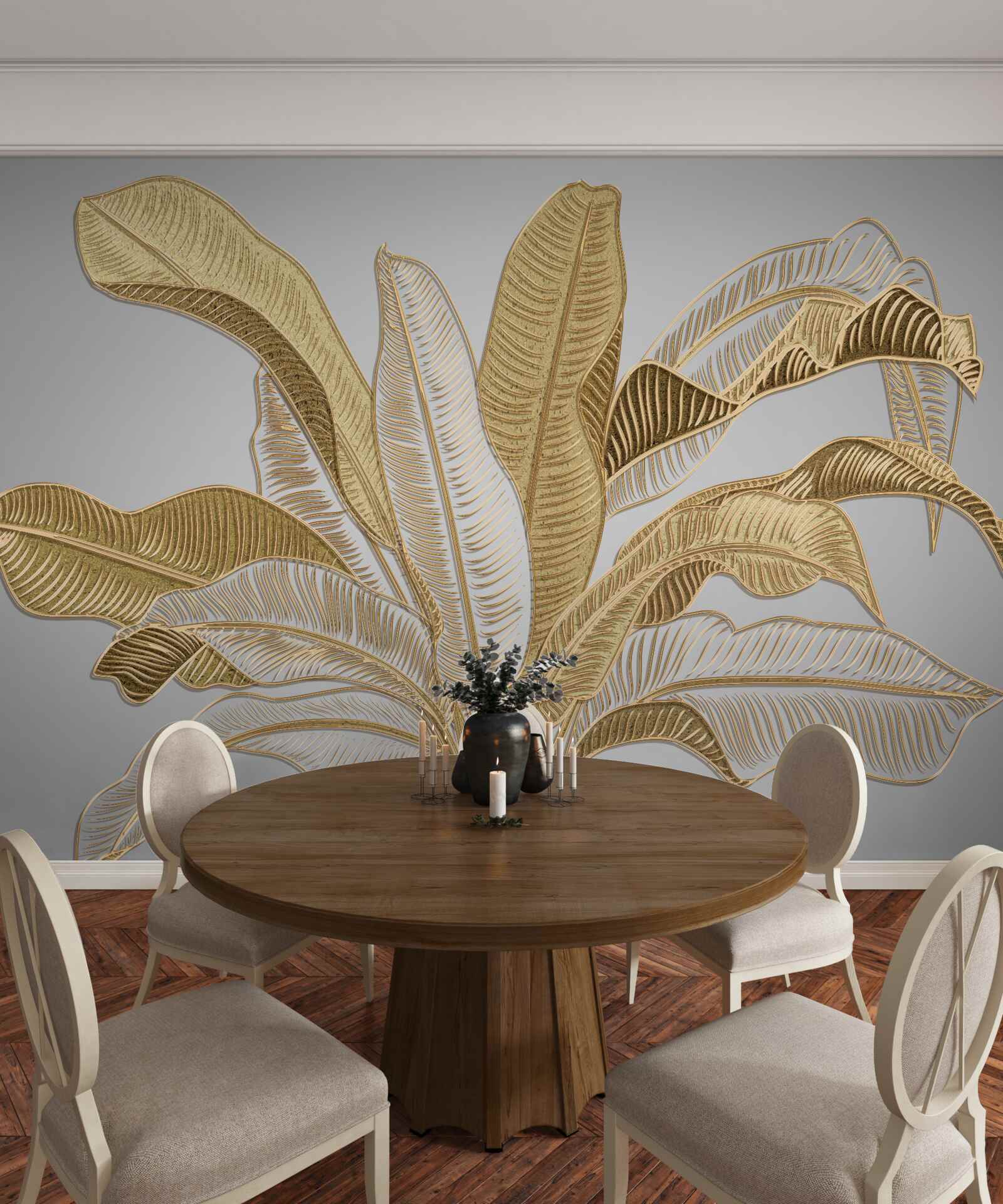 Papier peint feuilles aux tons dorés et blancs inhabituels