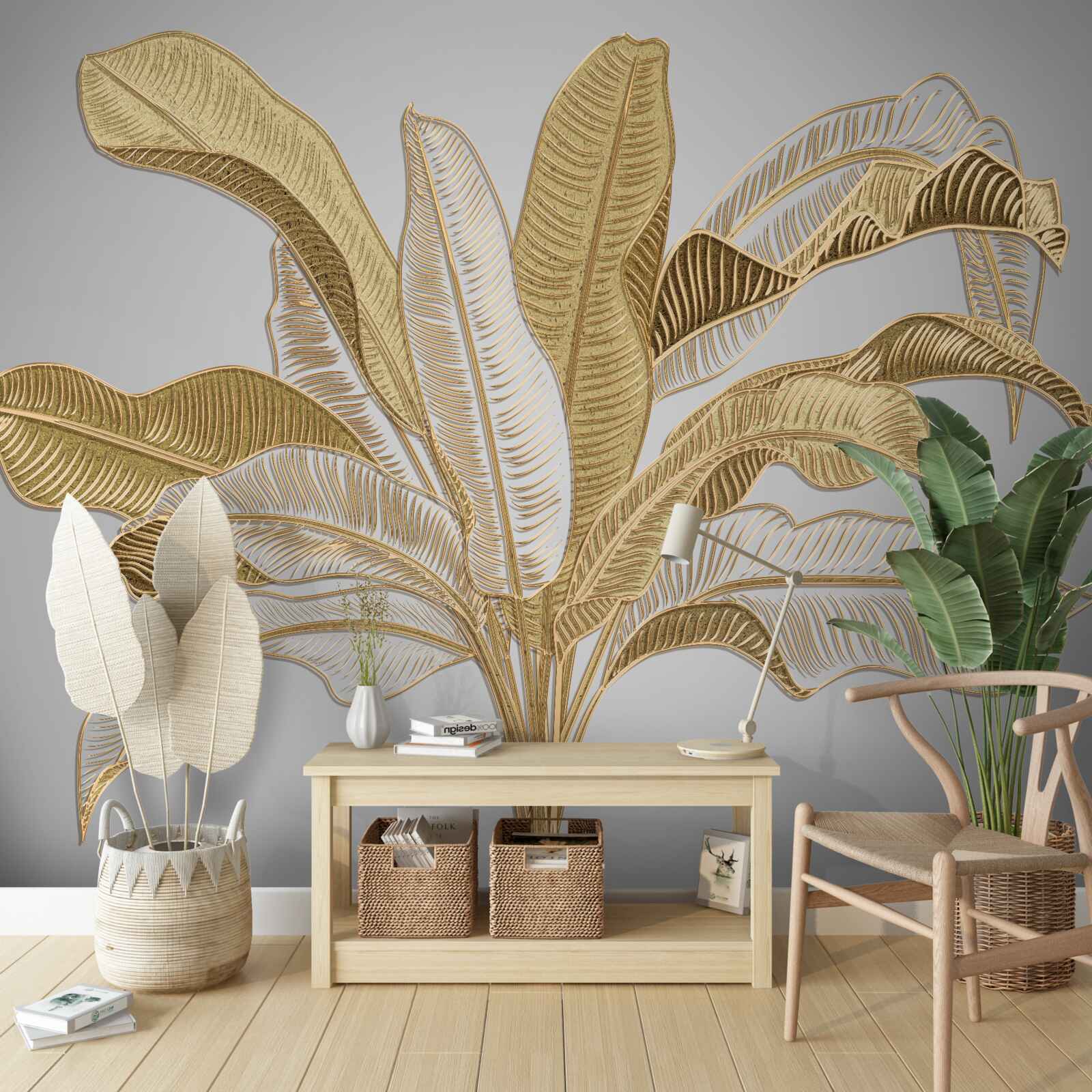 Papier peint feuilles aux tons dorés et blancs inhabituels