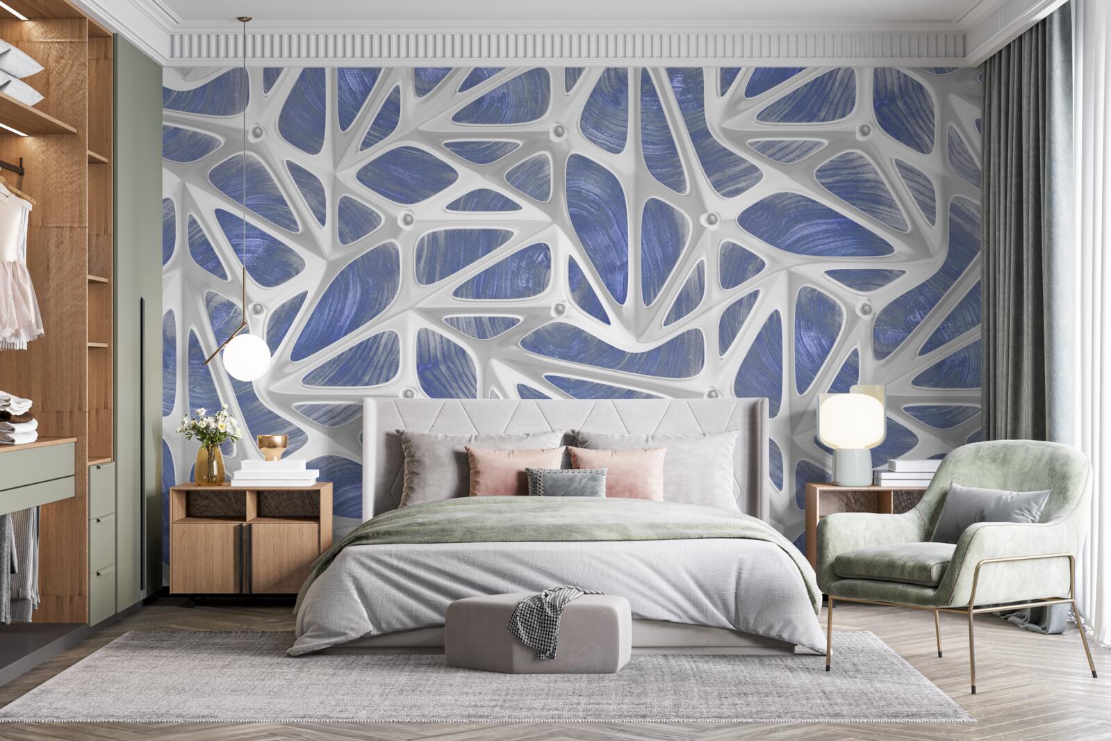Papier peint boucles blanches sur fond bleu