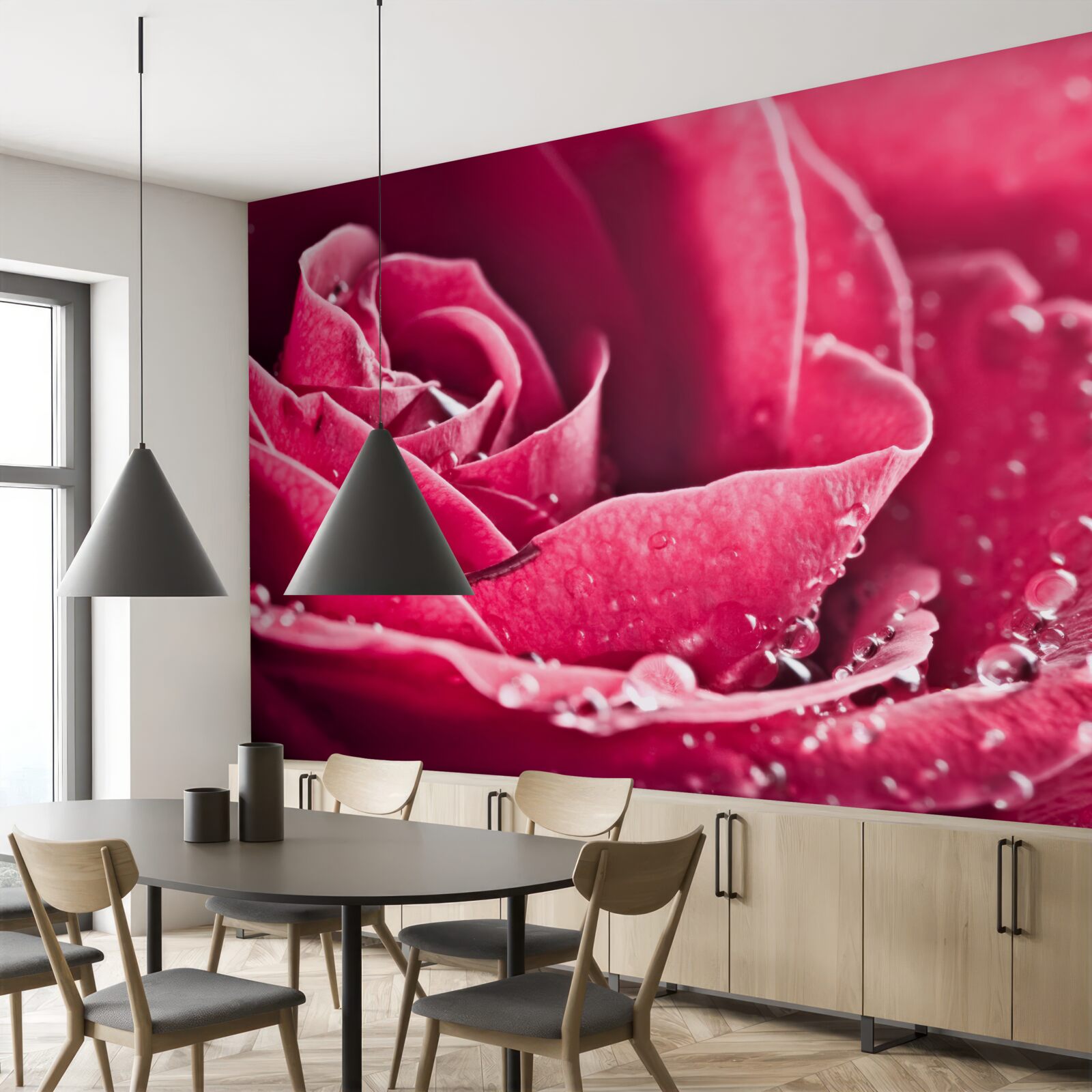 Papier peint grande rose avec des gouttes d'humidité