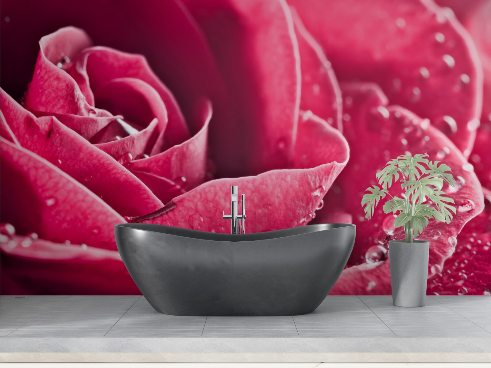 Papier peint grande rose avec des gouttes d'humidité