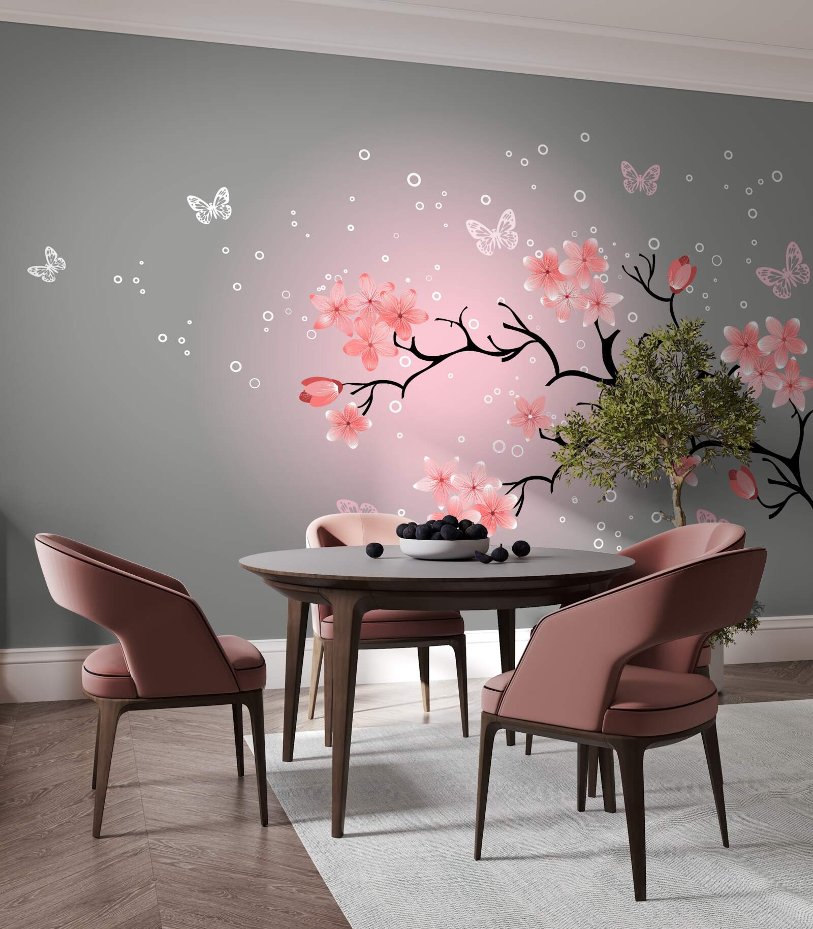 Papier peint branche à petites fleurs roses