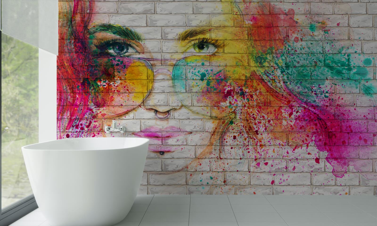 Papier peint image d'une fille portant des lunettes sur un mur de briques blanc comme neige
