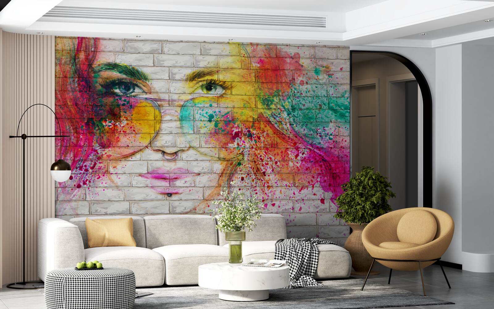 Papier peint image d'une fille portant des lunettes sur un mur de briques blanc comme neige