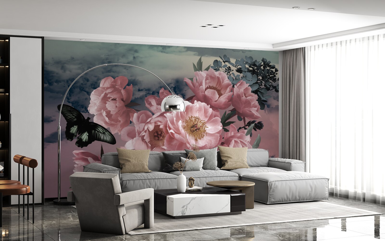 Papier peint papillon sombre et fleurs roses