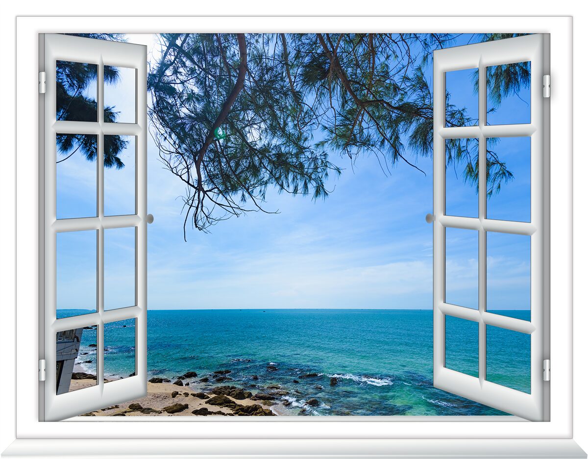 Papier peint une fenêtre sur la mer bleue
