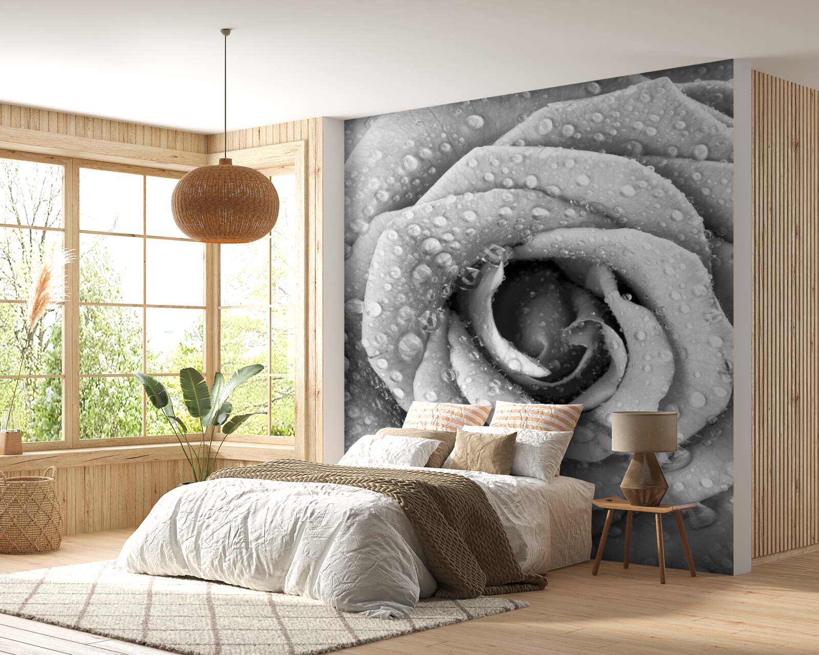 Papier peint rose en noir et blanc avec gouttes