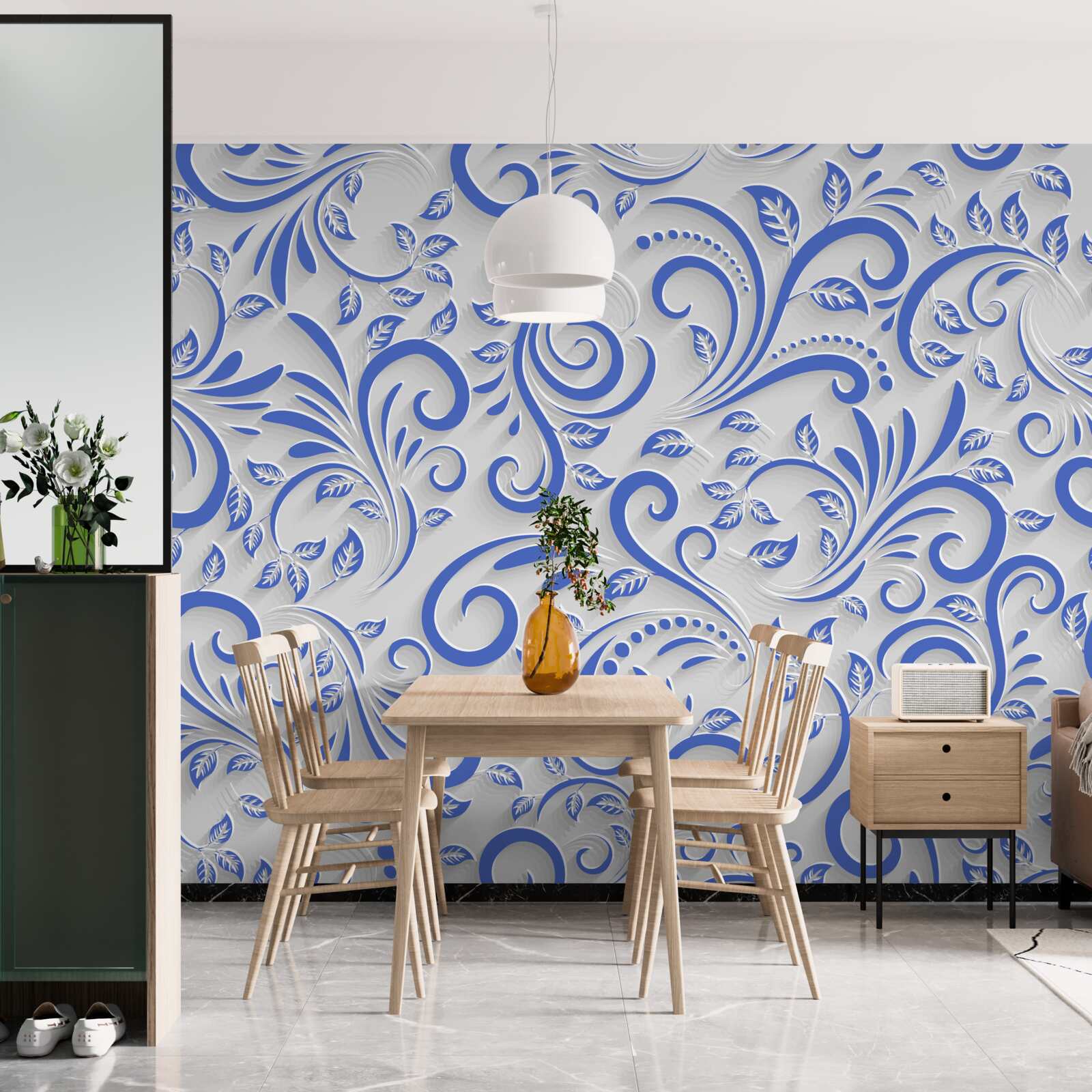 Papier peint fond blanc avec des tourbillons bleus