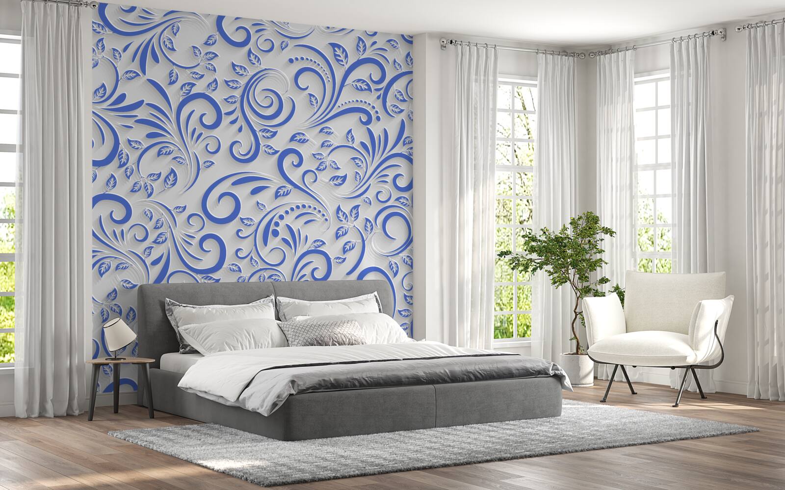 Papier peint fond blanc avec des tourbillons bleus