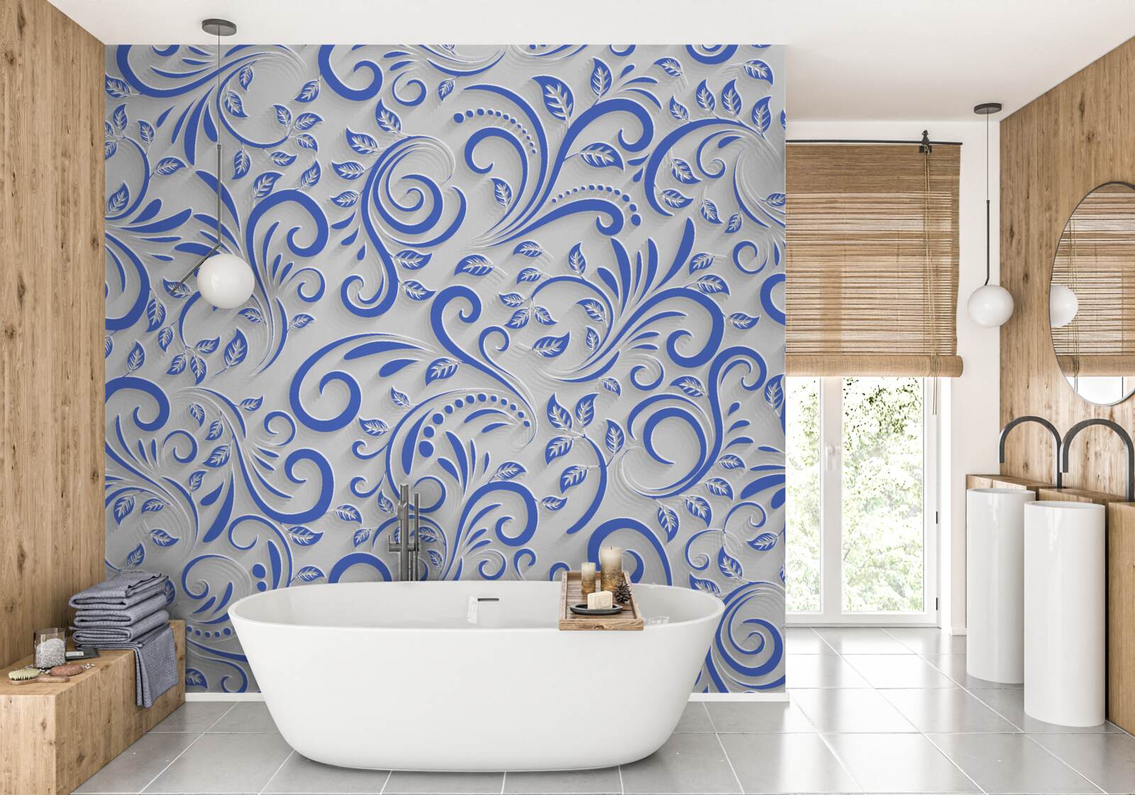 Papier peint fond blanc avec des tourbillons bleus