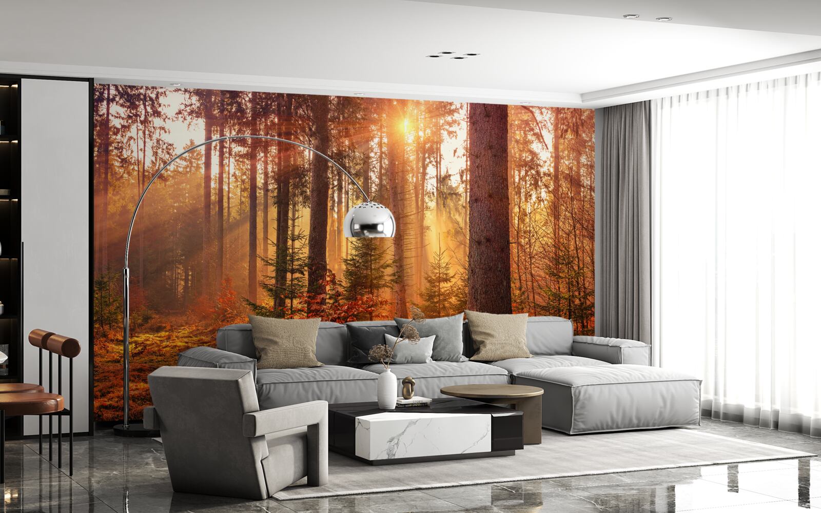Papier peint forêt en automne illuminée par les rayons du soleil
