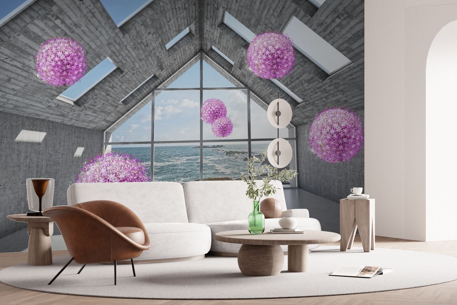 Papier peint des boules violettes et un paysage pittoresque à l'extérieur de la fenêtre
