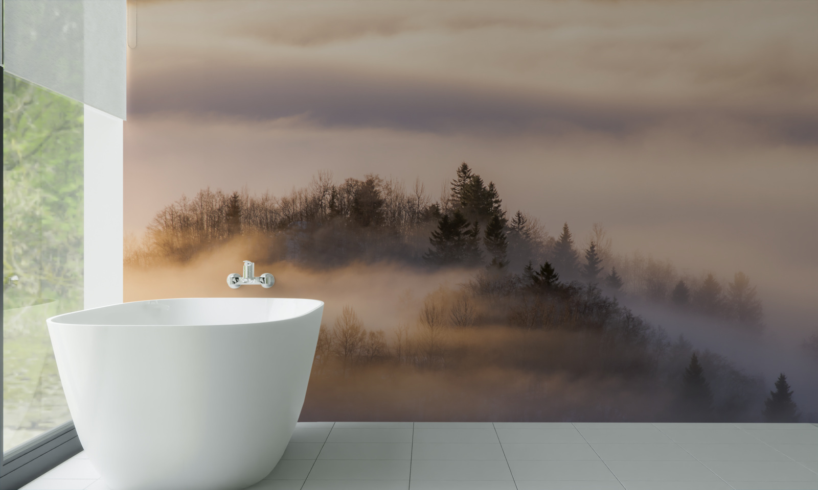 Papier peint brouillard dense entre les arbres