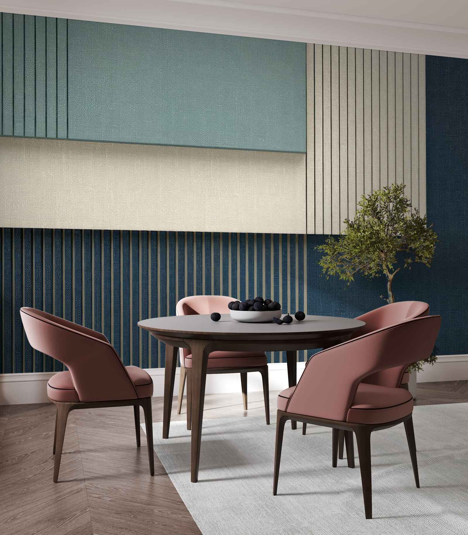 Papier peint fond bleu, beige et vert