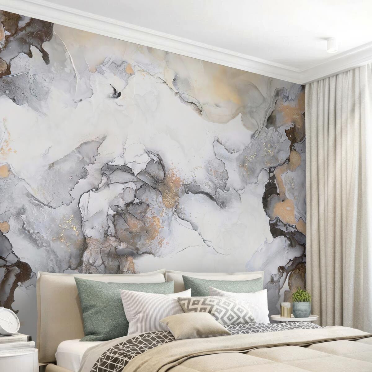 Papier peint abstrait dans les tons blanc, gris et or