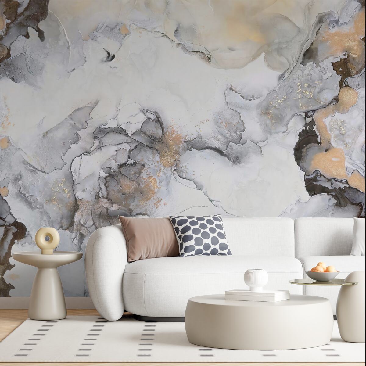 Papier peint abstrait dans les tons blanc, gris et or
