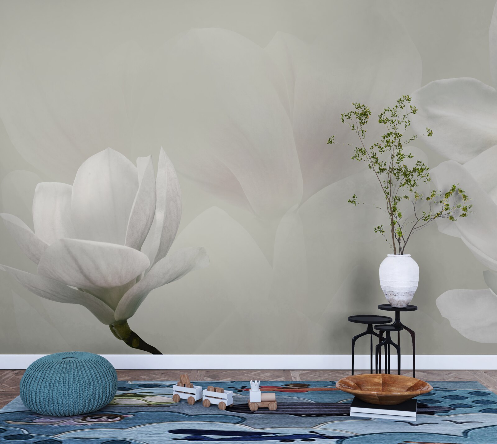 Papier peint grandes fleurs blanches