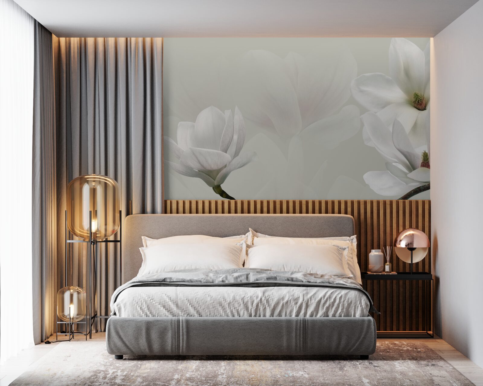 Papier peint grandes fleurs blanches