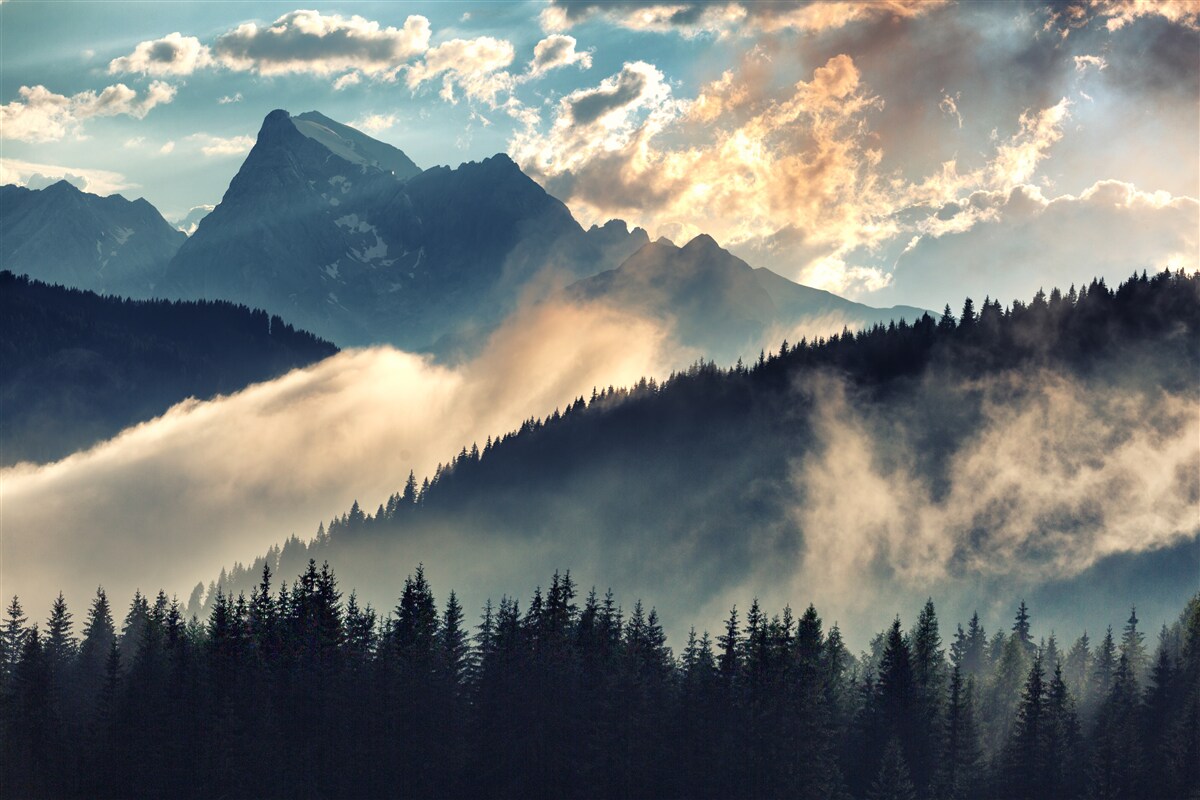 Papier peint matinée sous les sommets majestueux
