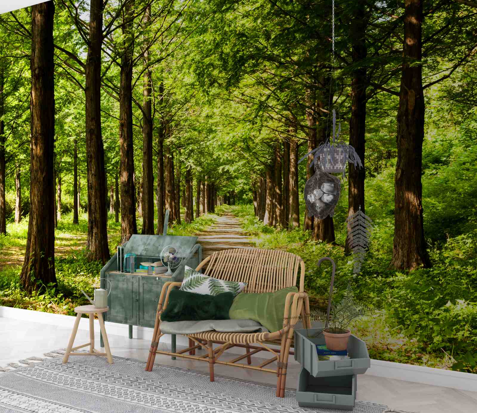 Papier peint chemin spacieux parmi les arbres émeraude