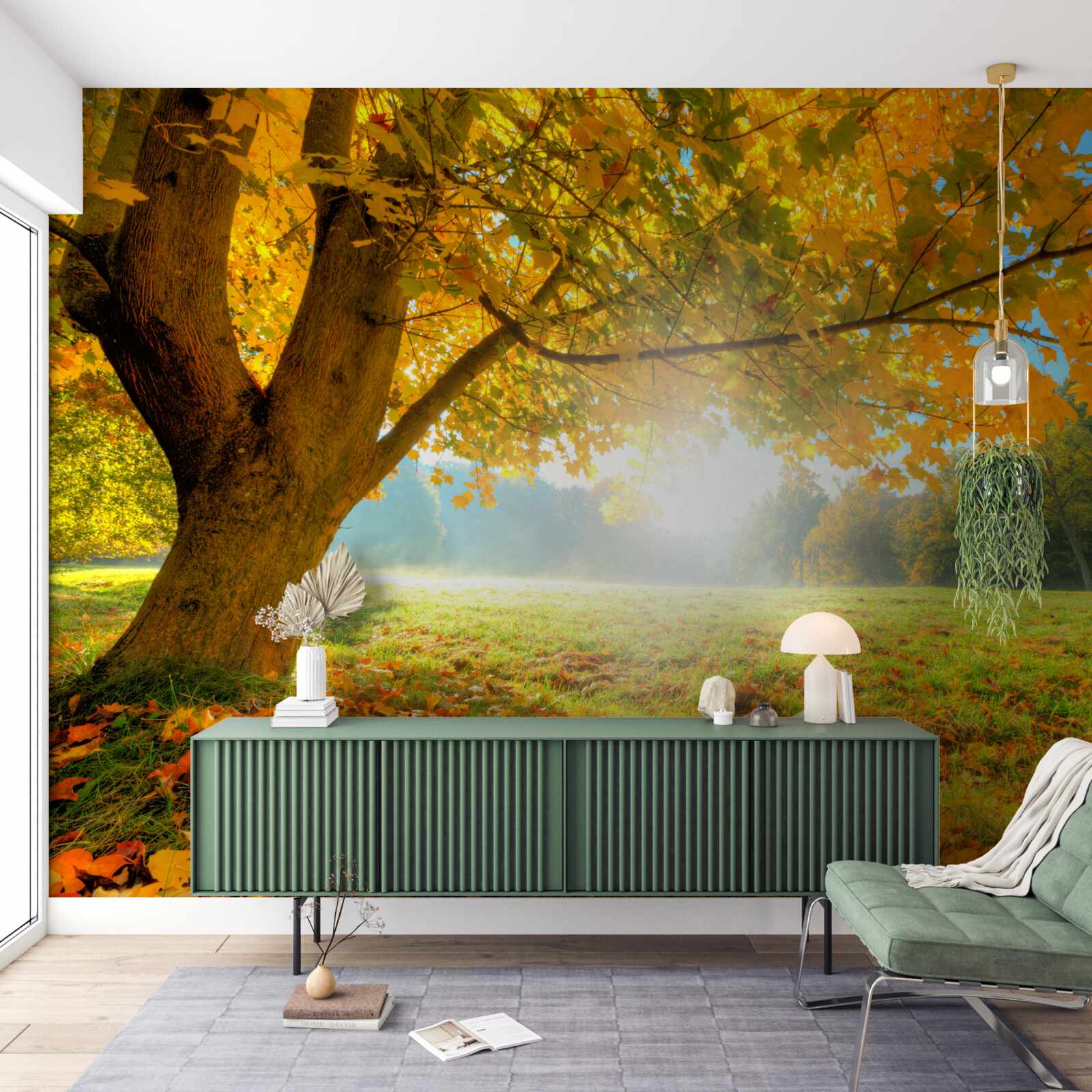 Papier peint forêt d'automne illuminée par le soleil