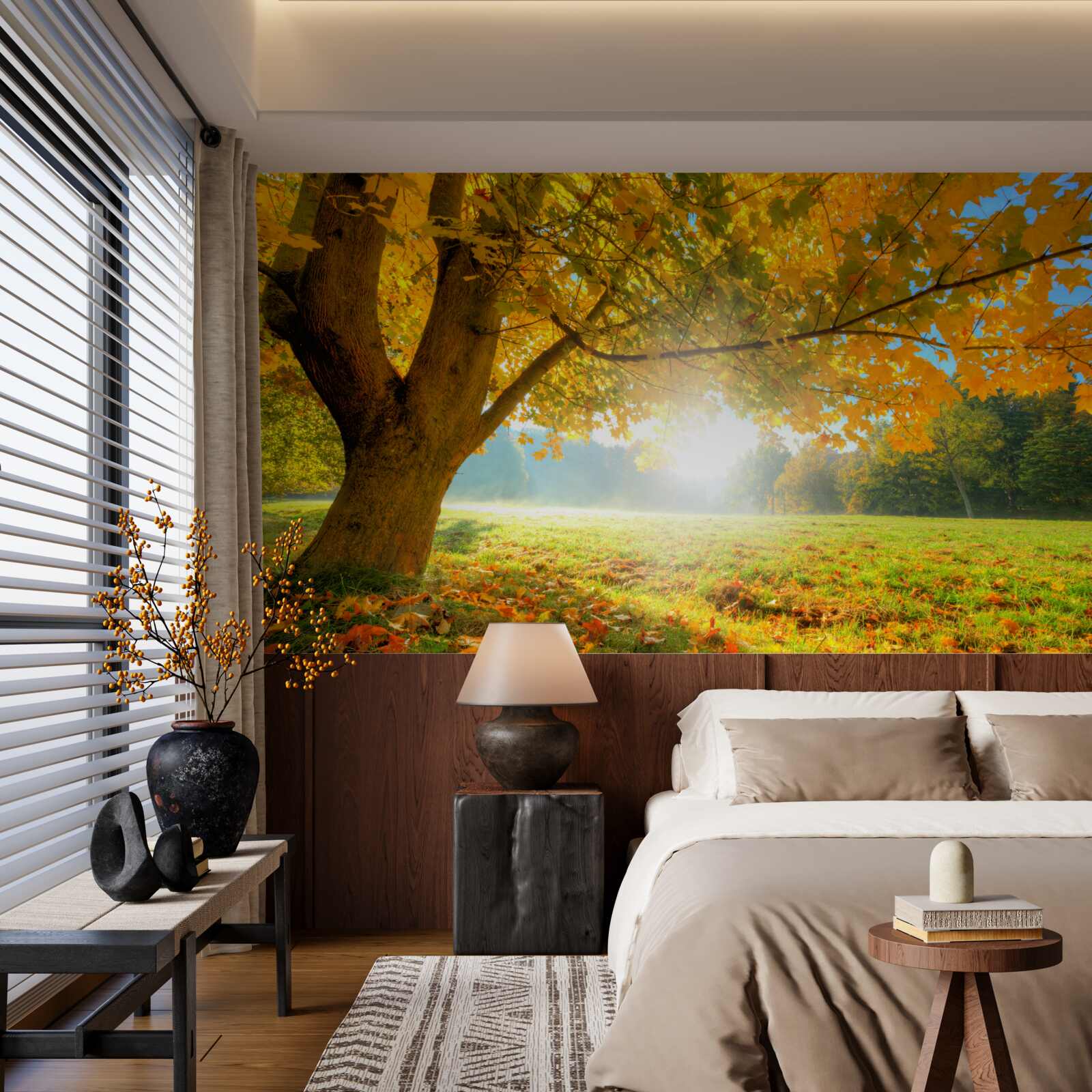 Papier peint forêt d'automne illuminée par le soleil