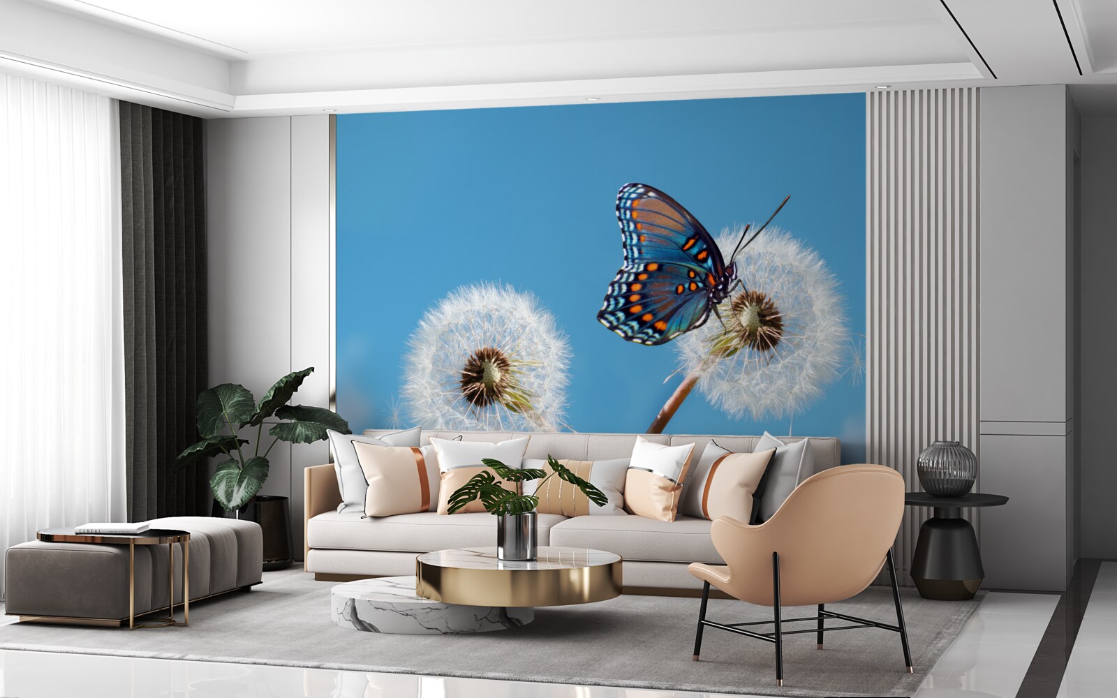 Papier peint un papillon se pose sur un pissenlit desséché