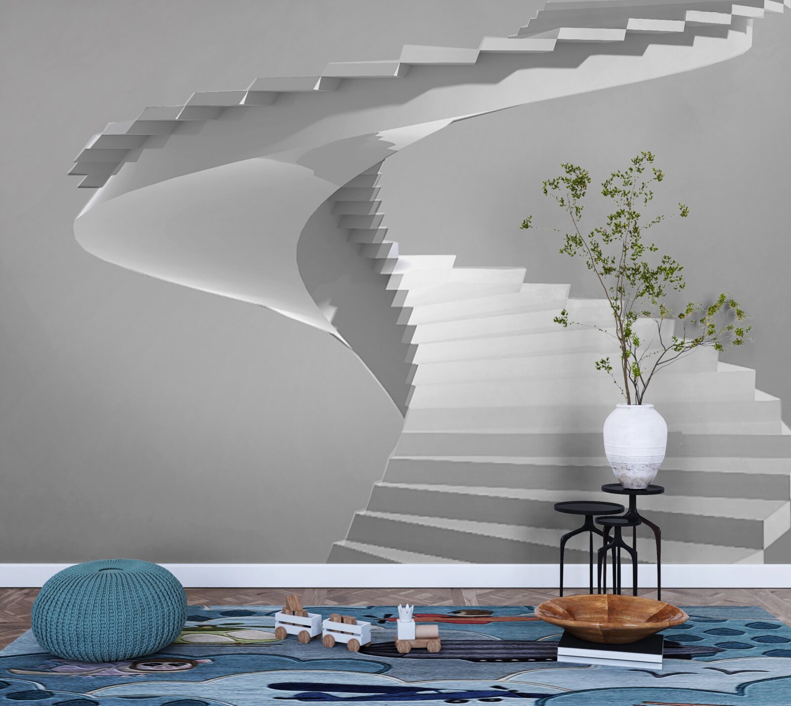 Papier peint escalier tournant blanc
