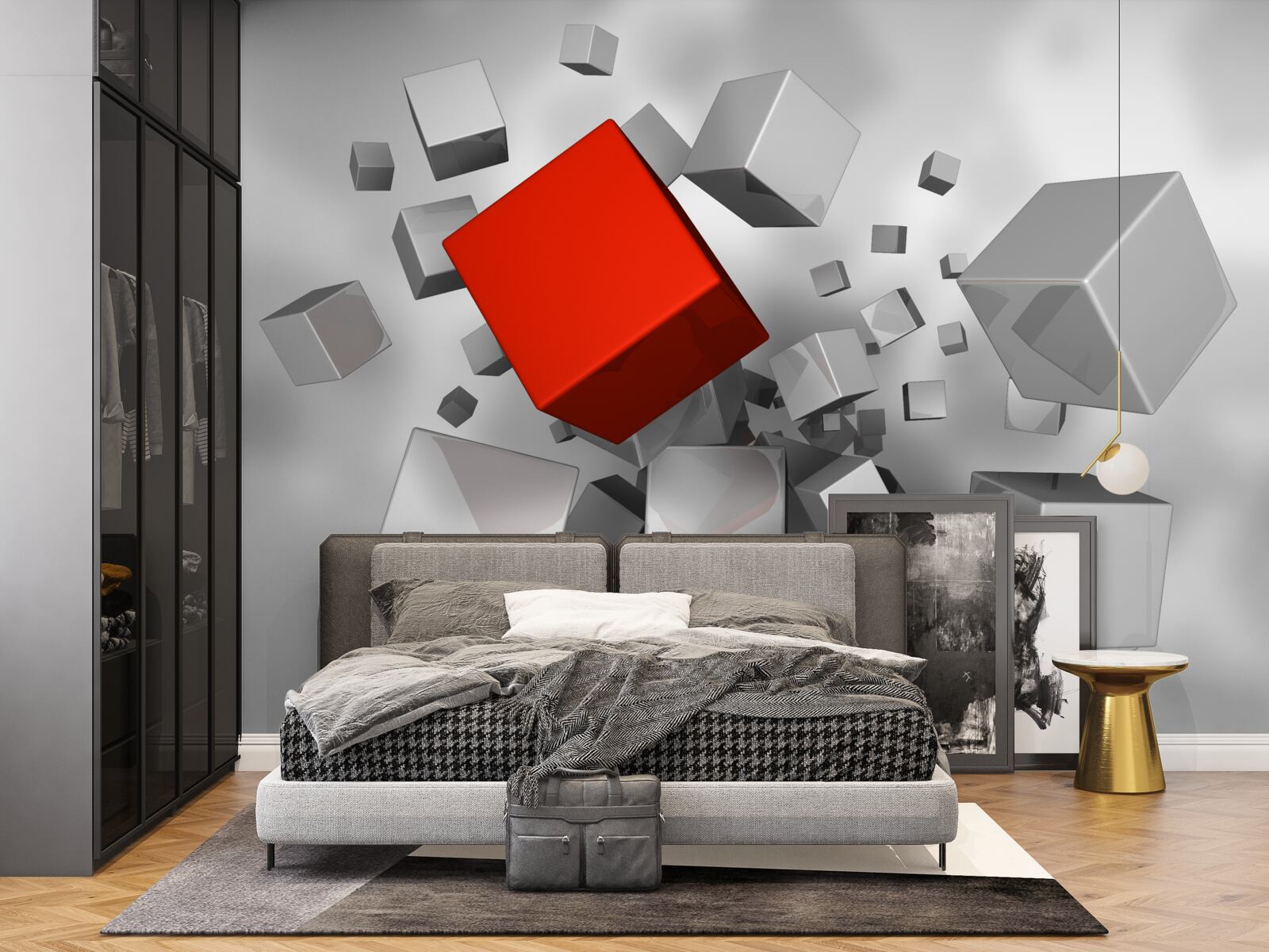Papier peint gros cubes blancs et un cube écarlate