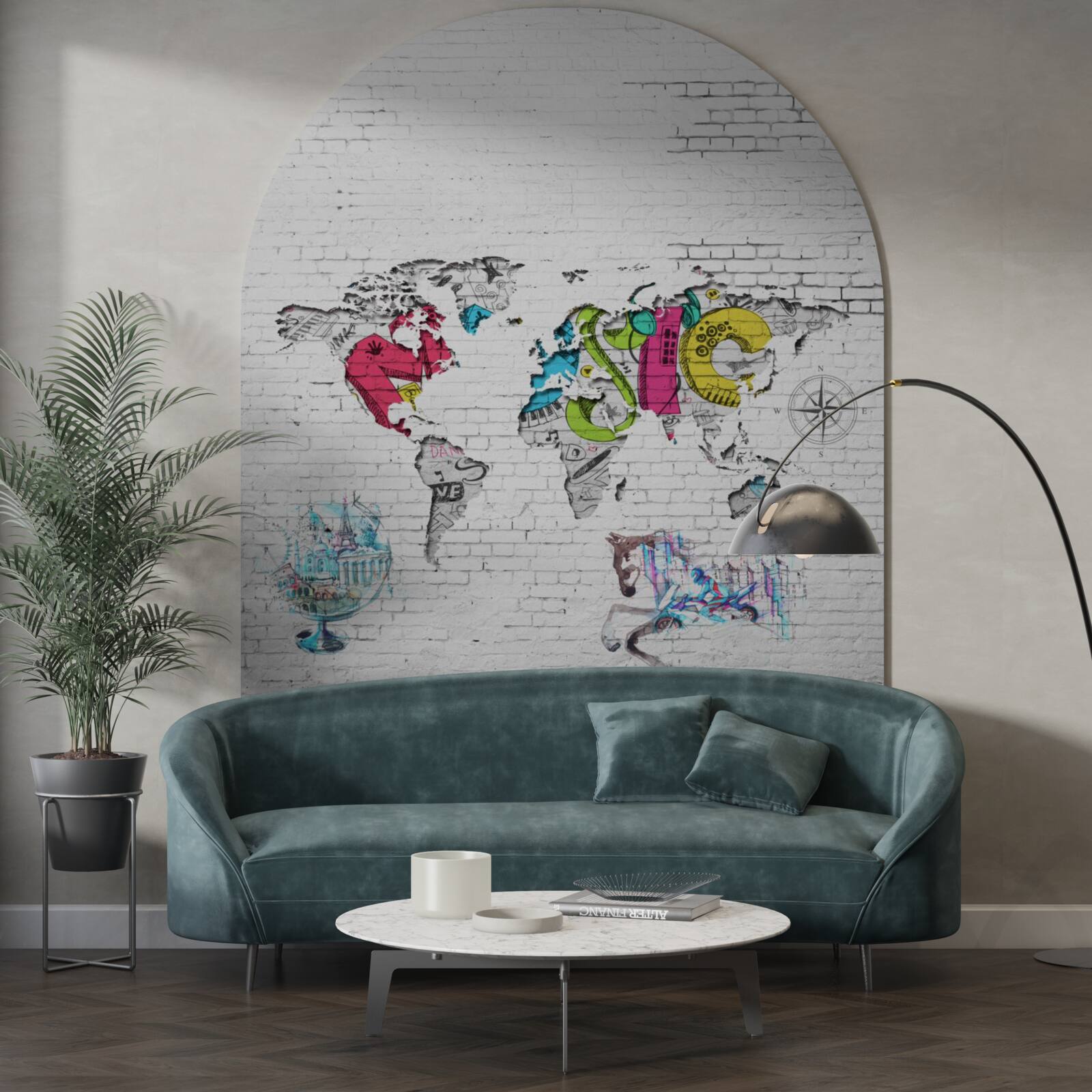 Papier peint carte du monde en différentes couleurs sur un mur blanc