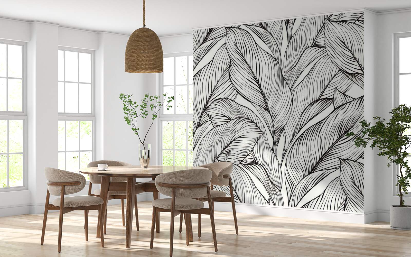 Papier peint feuilles en noir et blanc