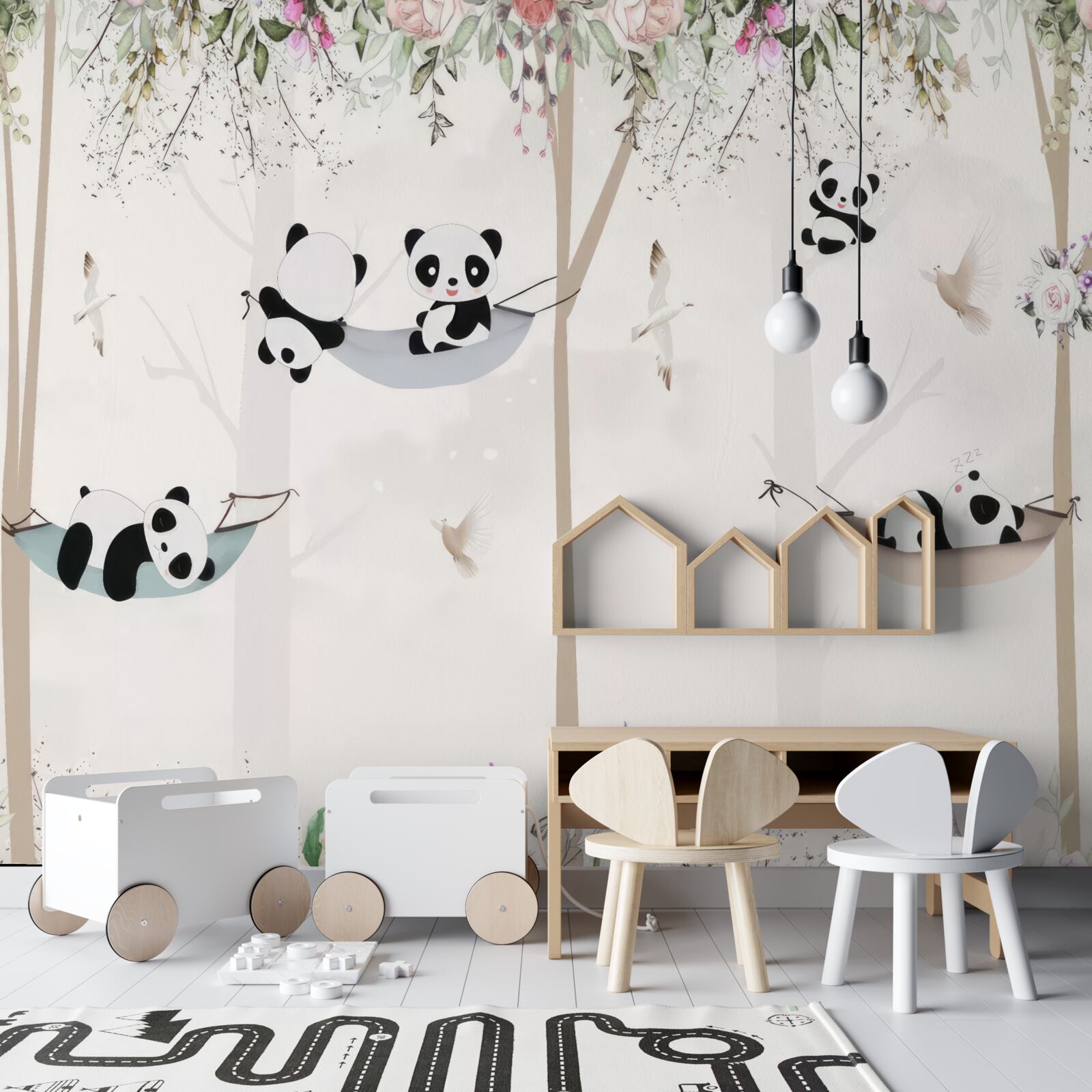 Papier peint pandas mignons sur des lits suspendus
