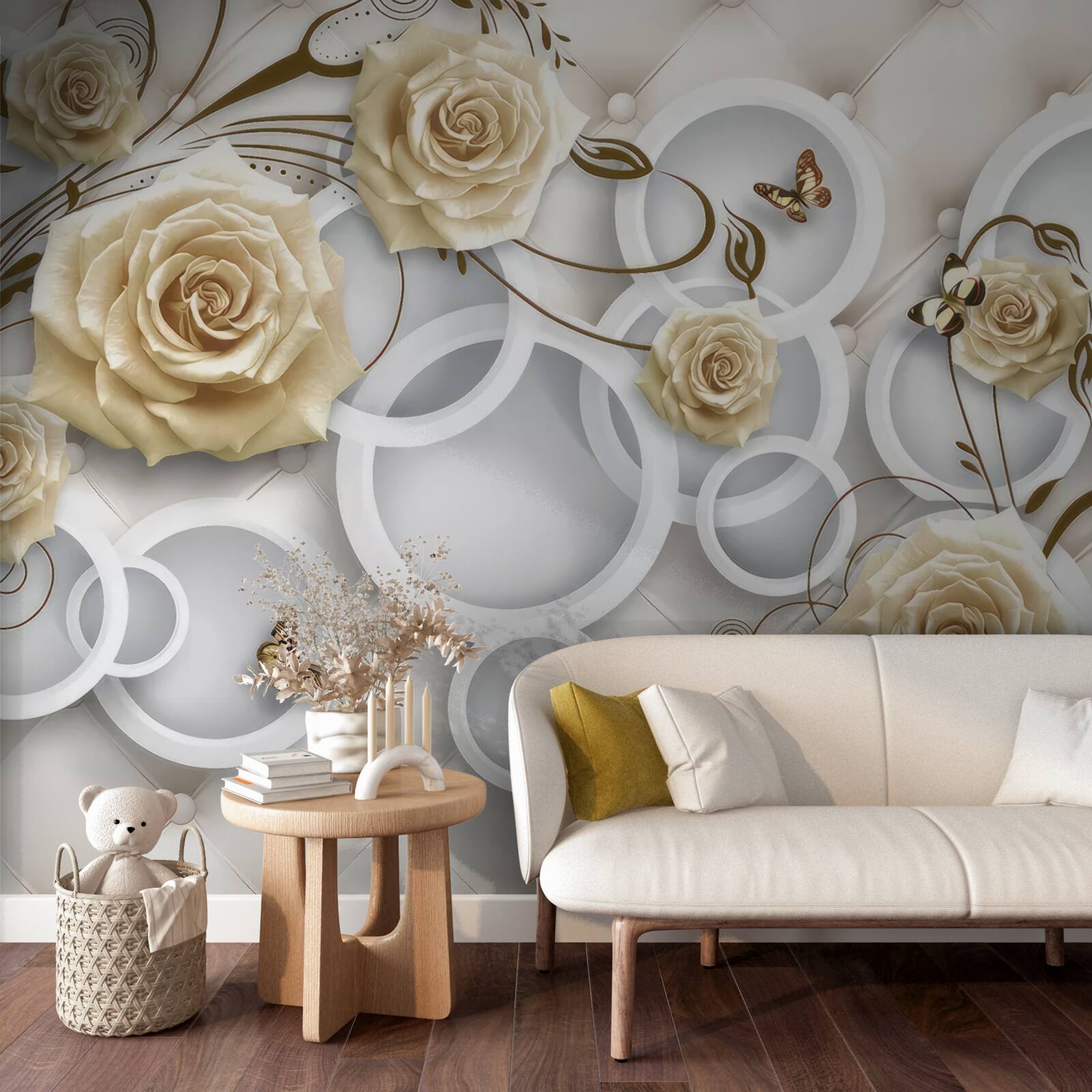 Papier peint roses crème et papillons