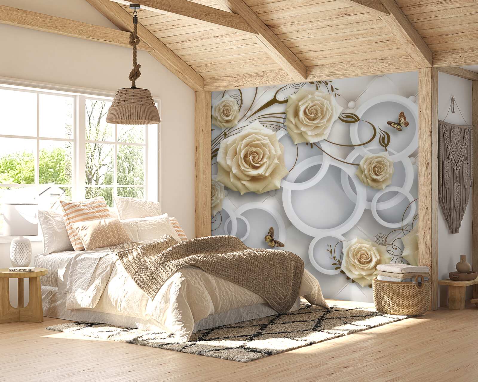 Papier peint roses crème et papillons