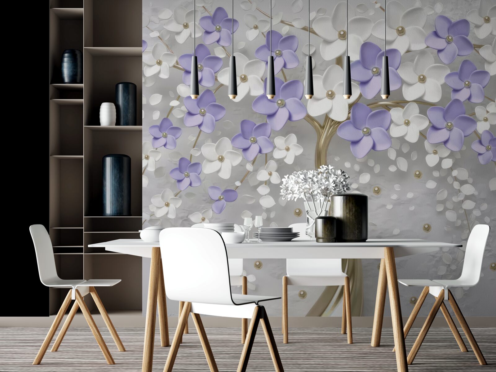 Papier peint arbre doré décoré de fleurs blanches et lilas