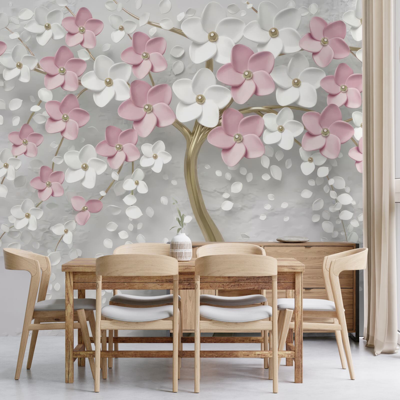 Papier peint petites fleurs blanches et roses sur un arbre aux feuilles dorées